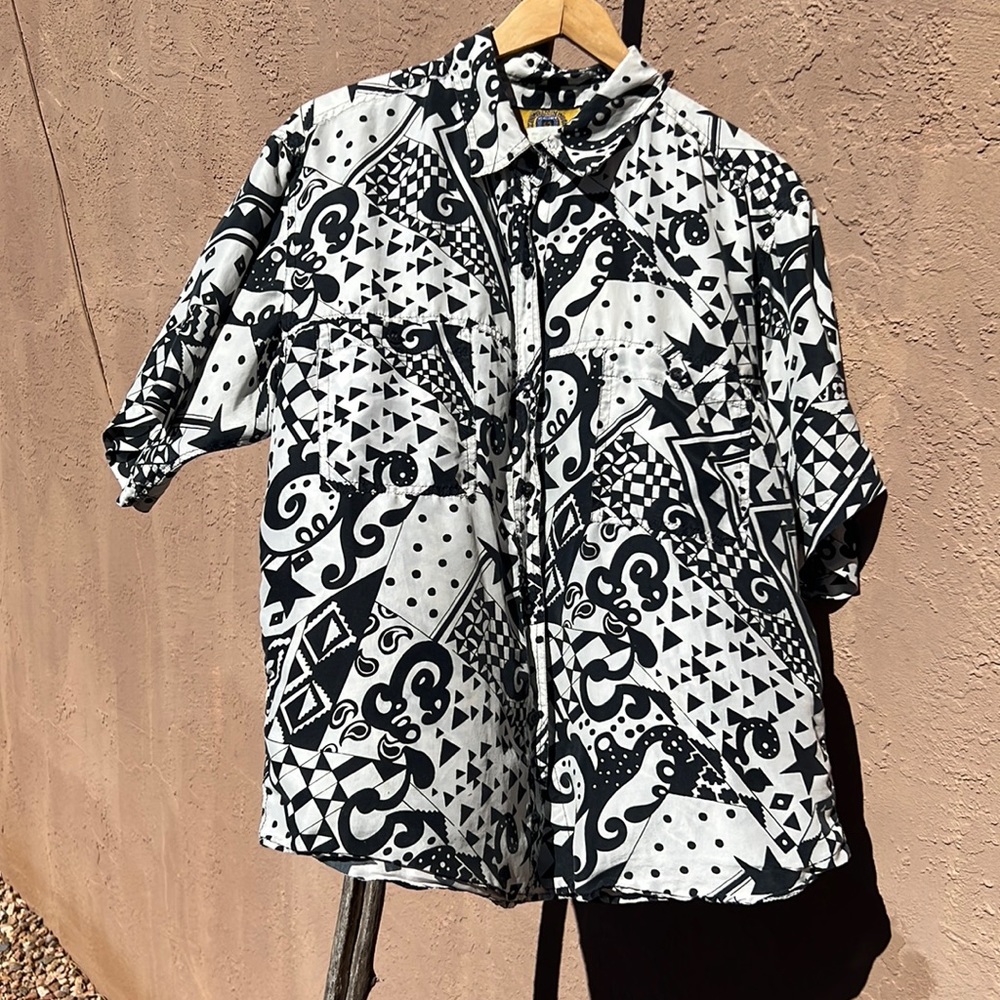 Vintage Silk Black and White Star Pop Art Print Baccini Button Down, Size M